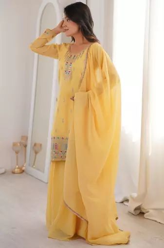 Superb Yellow Dori Embroidered Silk Haldi Wear Sharara Suit