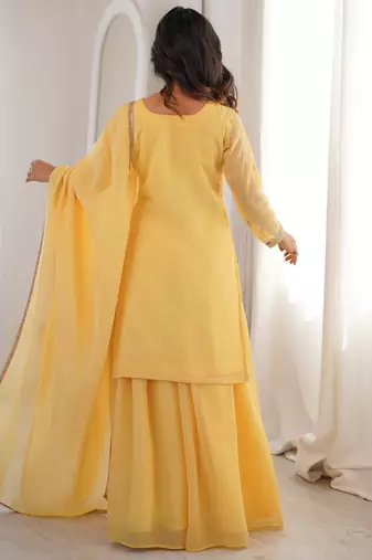 Superb Yellow Dori Embroidered Silk Haldi Wear Sharara Suit