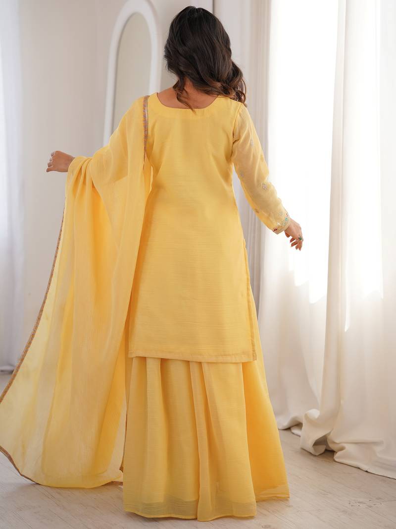 Superb Yellow Dori Embroidered Silk Haldi Wear Sharara Suit
