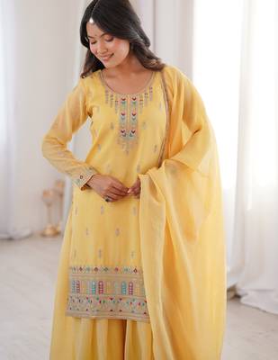 Superb Yellow Dori Embroidered Silk Haldi Wear Sharara Suit 6