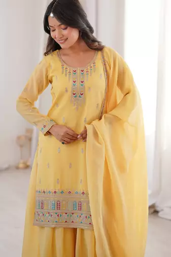Superb Yellow Dori Embroidered Silk Haldi Wear Sharara Suit