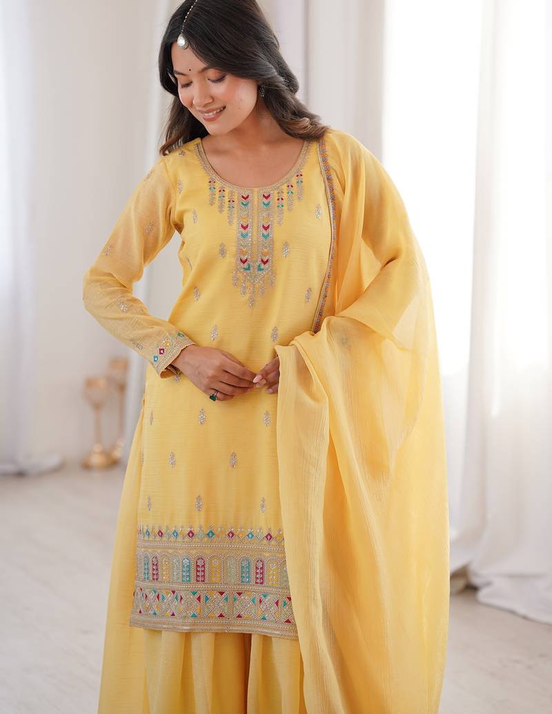 Superb Yellow Dori Embroidered Silk Haldi Wear Sharara Suit