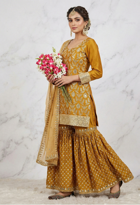 Sequence embroidery work mustered yellow color sharara suit 1