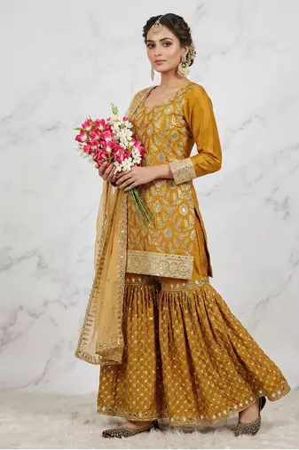 Sequence embroidery work mustered yellow color sharara suit