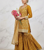 Sequence embroidery work mustered yellow color sharara suit
