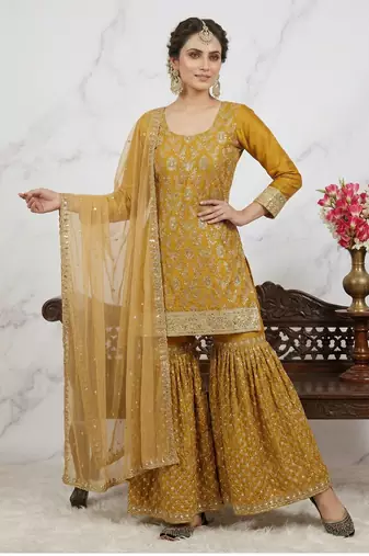 Sequence embroidery work mustered yellow color sharara suit