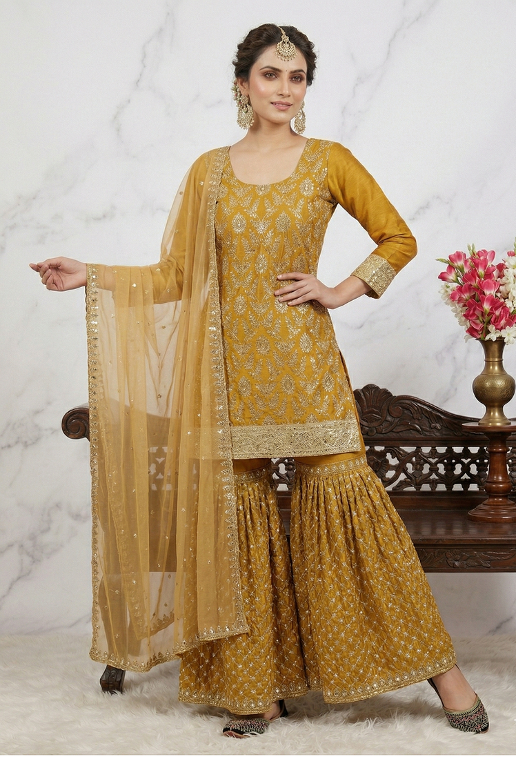 Sequence embroidery work mustered yellow color sharara suit