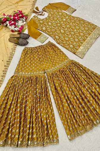 Sequence embroidery work mustered yellow color sharara suit