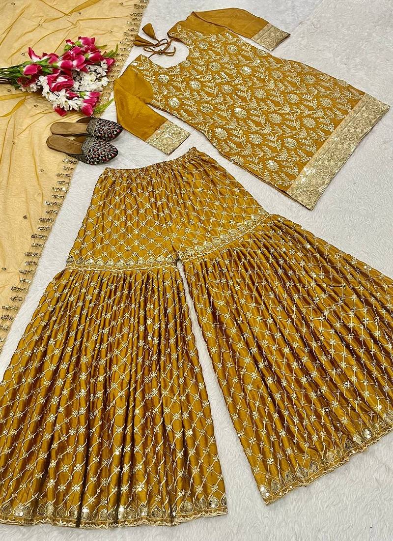 Sequence embroidery work mustered yellow color sharara suit