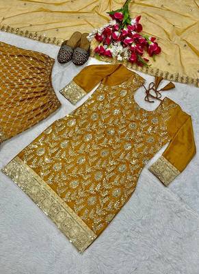 Sequence embroidery work mustered yellow color sharara suit 4