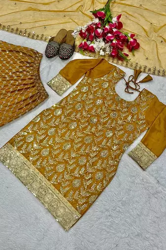 Sequence embroidery work mustered yellow color sharara suit