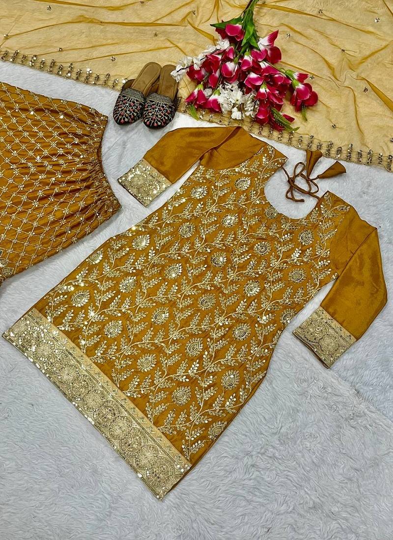 Sequence embroidery work mustered yellow color sharara suit