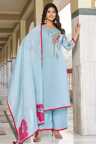 Women  Embroidered  Thread Work Chanderi Cotton Kurta with Trousers &  Dupatta
