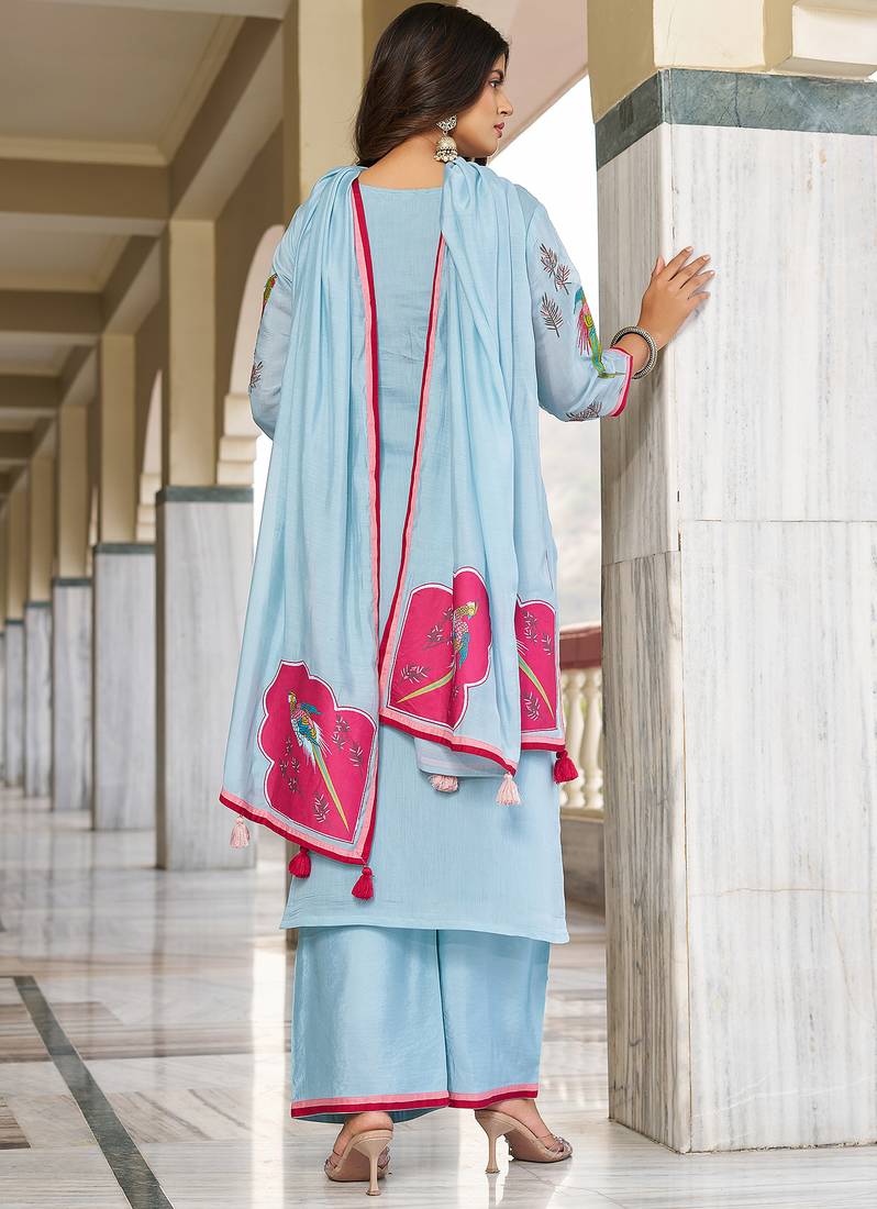 Women  Embroidered  Thread Work Chanderi Cotton Kurta with Trousers &  Dupatta
