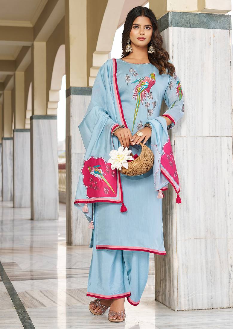 Women  Embroidered  Thread Work Chanderi Cotton Kurta with Trousers &  Dupatta