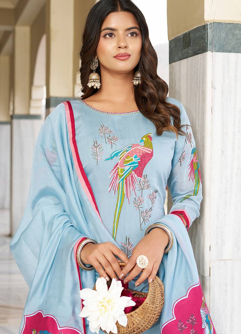 Women  Embroidered  Thread Work Chanderi Cotton Kurta with Trousers &  Dupatta