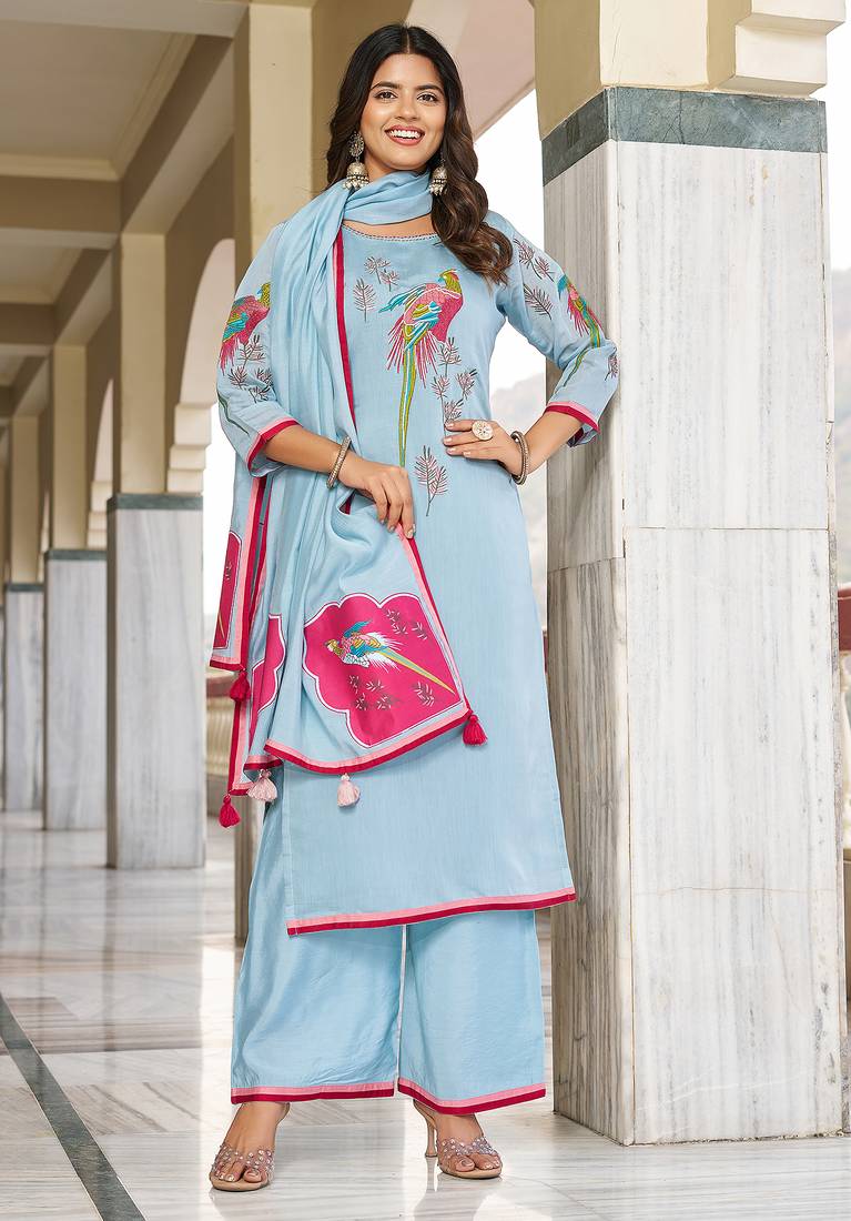 Women  Embroidered  Thread Work Chanderi Cotton Kurta with Trousers &  Dupatta