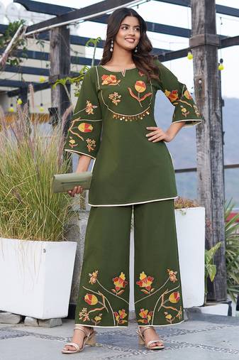 Women Embroidered Pure Cotton Top  with Trousers 
