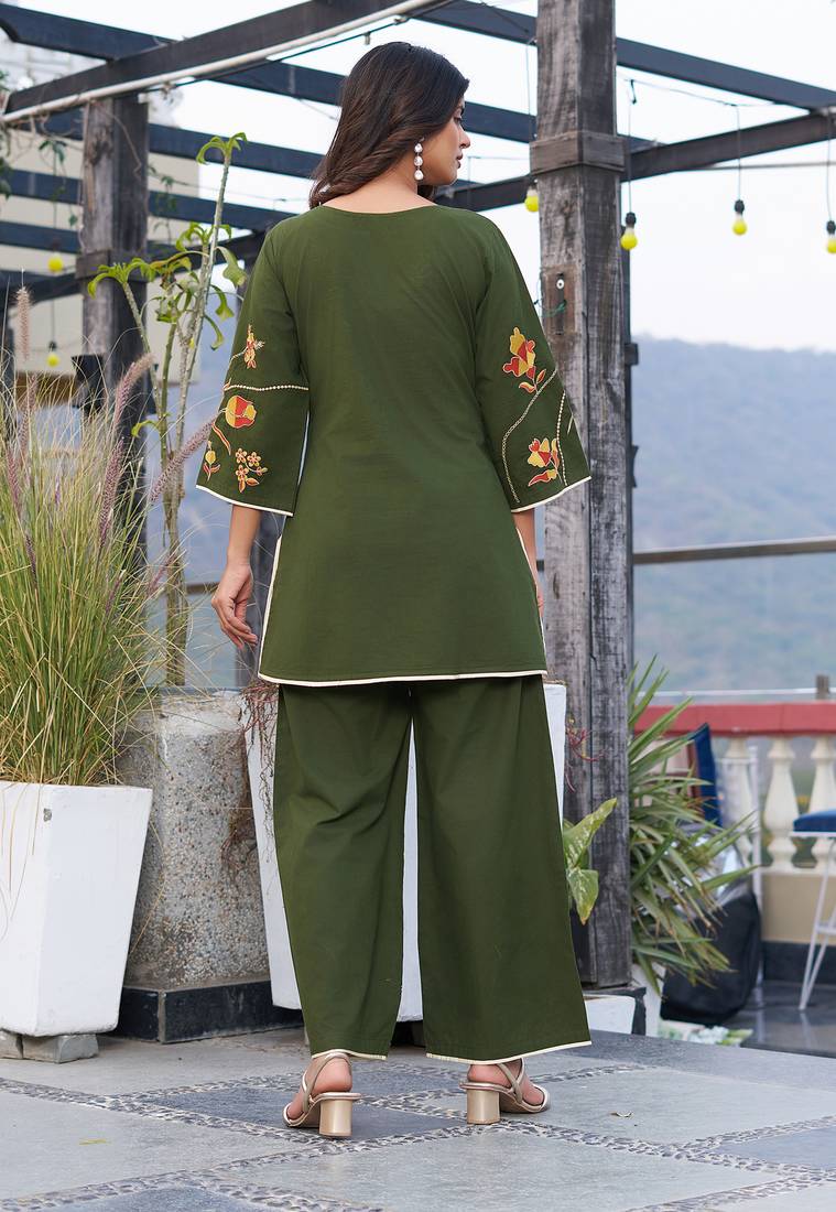 Women Embroidered Pure Cotton Top  with Trousers 