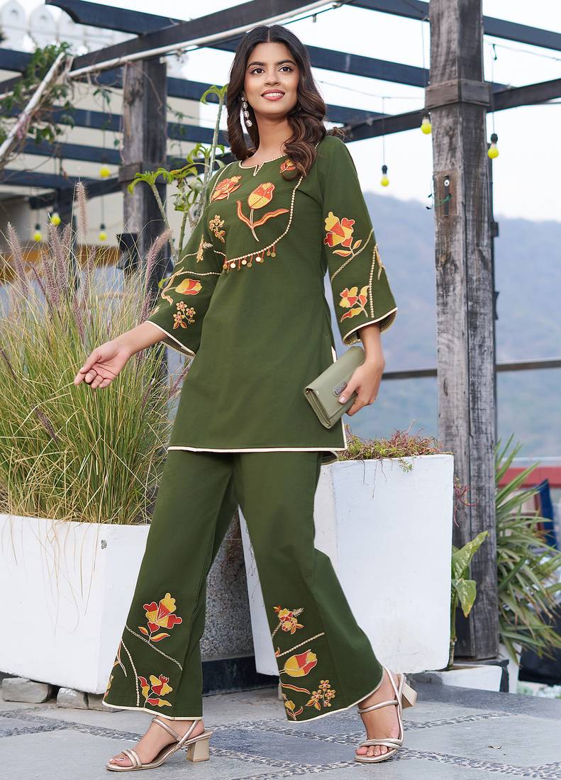 Women Embroidered Pure Cotton Top  with Trousers 