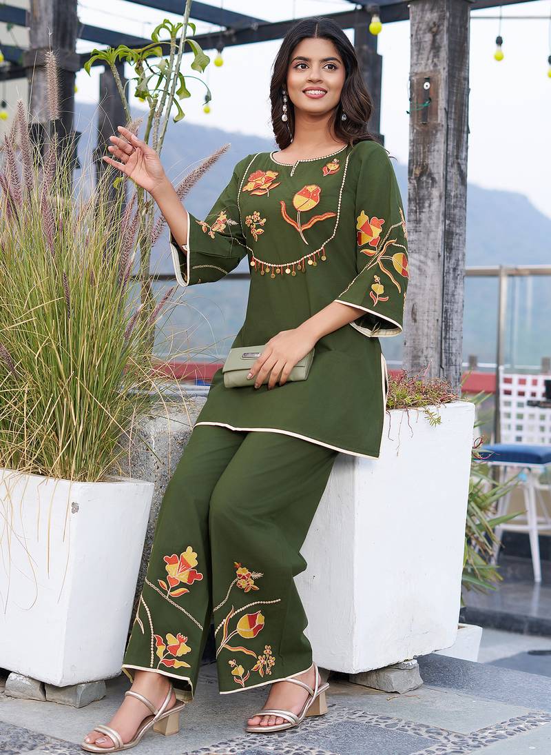 Women Embroidered Pure Cotton Top  with Trousers 