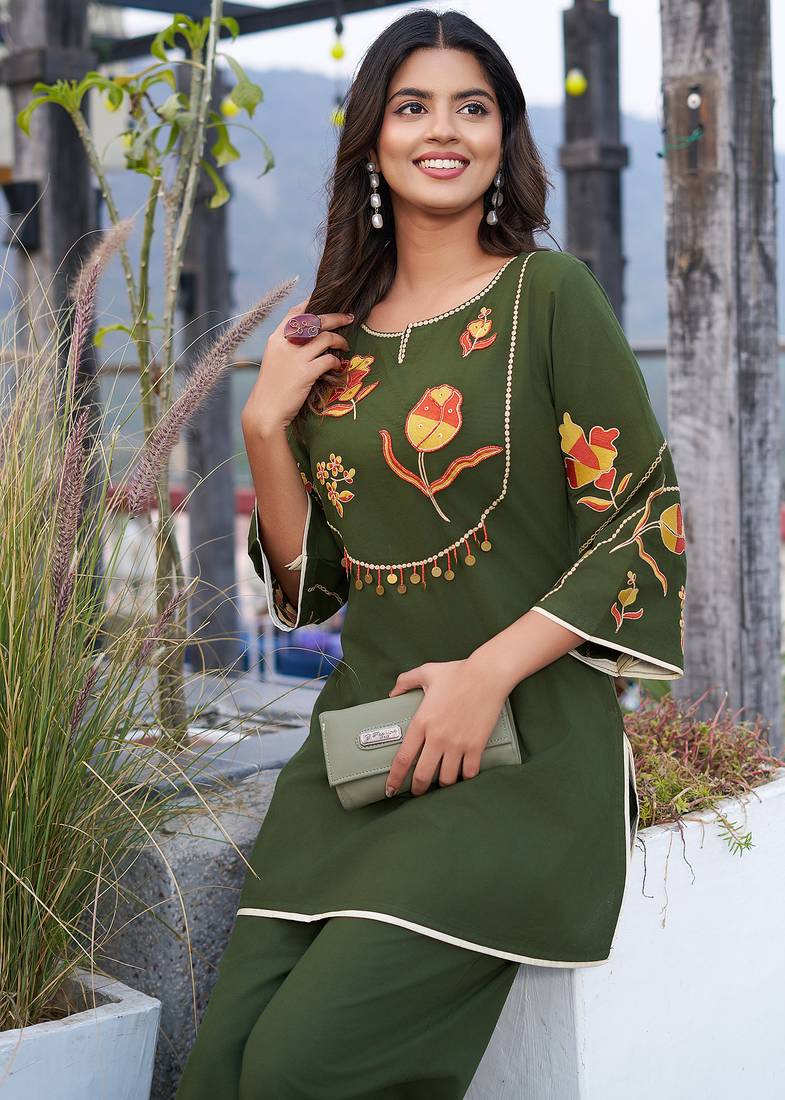 Women Embroidered Pure Cotton Top  with Trousers 