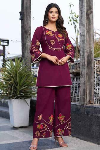 Women Embroidered Pure Cotton Top  with Trousers