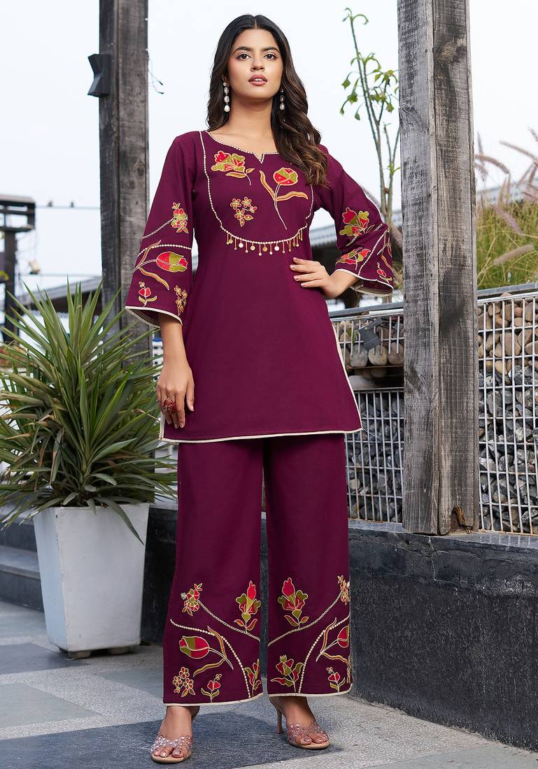 Women Embroidered Pure Cotton Top  with Trousers