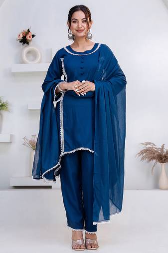 Blue lace button solid rayon stitched a-line pant suit set