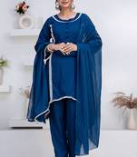 Blue lace button solid rayon stitched a-line pant suit set