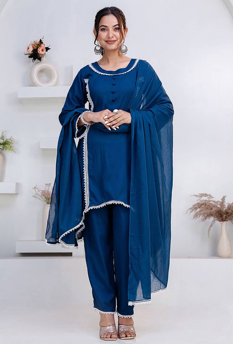 Blue lace button solid rayon stitched a-line pant suit set