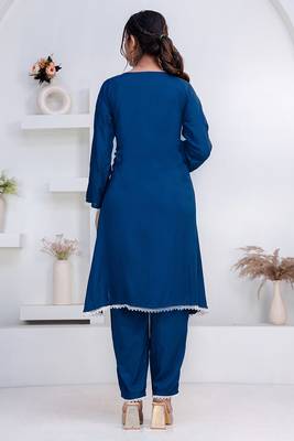 Blue lace button solid rayon stitched a-line pant suit set 2