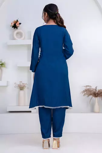 Blue lace button solid rayon stitched a-line pant suit set