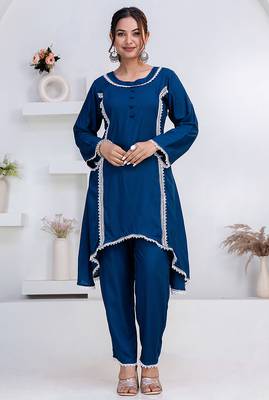 Blue lace button solid rayon stitched a-line pant suit set 3