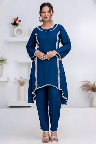 Blue lace button solid rayon stitched a-line pant suit set