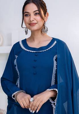 Blue lace button solid rayon stitched a-line pant suit set 4