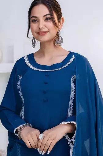 Blue lace button solid rayon stitched a-line pant suit set