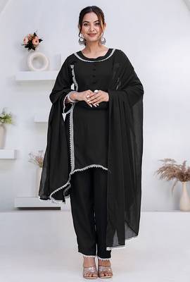 Black lace button solid rayon stitched a-line pant suit set 1