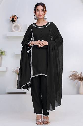 Black lace button solid rayon stitched a-line pant suit set