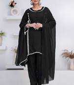 Black lace button solid rayon stitched a-line pant suit set