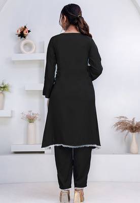 Black lace button solid rayon stitched a-line pant suit set 2