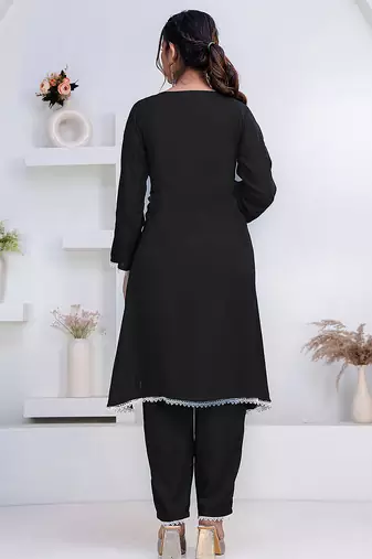 Black lace button solid rayon stitched a-line pant suit set