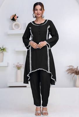 Black lace button solid rayon stitched a-line pant suit set 3