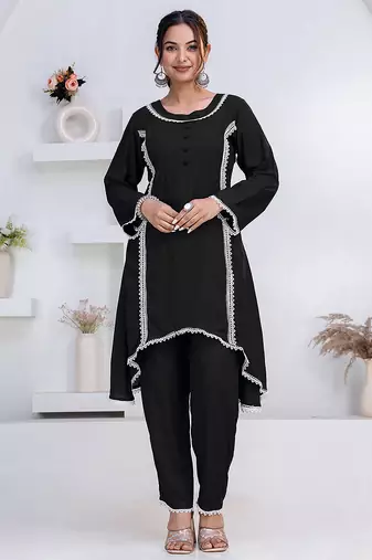 Black lace button solid rayon stitched a-line pant suit set