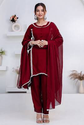 Maroon lace button solid rayon stitched a-line pant suit set 1