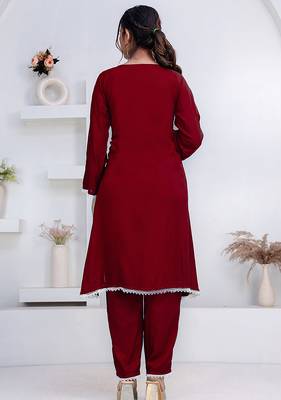 Maroon lace button solid rayon stitched a-line pant suit set 2