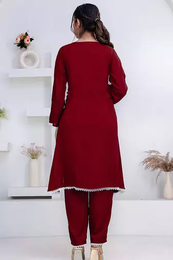 Maroon lace button solid rayon stitched a-line pant suit set