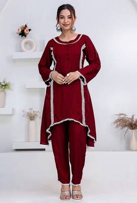 Maroon lace button solid rayon stitched a-line pant suit set 3