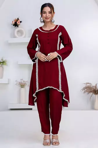 Maroon lace button solid rayon stitched a-line pant suit set