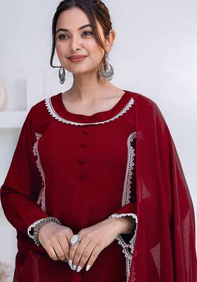 Maroon lace button solid rayon stitched a-line pant suit set 4